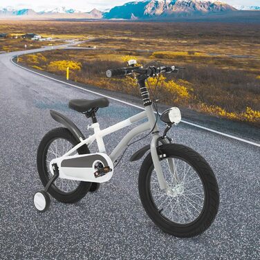 Дитячий велосипед 16 дюймів для хлопчиків та дівчаток, сталевий, 5-8 років, з додатковими колесами та регулюванням висоти (сірий+LED-ліхтар)