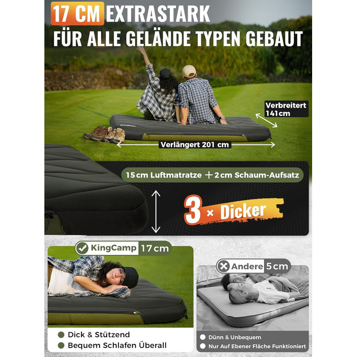 KingCamp килимок для кемпінгу 10см з Memory Foam R4.9, 4-сезонний надувний килимок, швидко надувається (90 сек), для подорожей, автокемпінгу (подвійний, зелений)