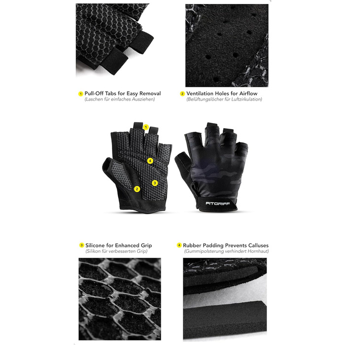 Тренувальні рукавички Fitgriff® для жінок та чоловіків - фітнес рукавички для силових тренувань, кросфіту, залу, воркауту, рукавички для підйому важкості (8, камуфляж чорний)