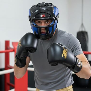 Захисний шолом 3X Sports для боксу, MMA та муай-тай із знімною решіткою, захист обличчя, носа та вух для кікбоксингу, тхвеквондо та карате (S, синій)
