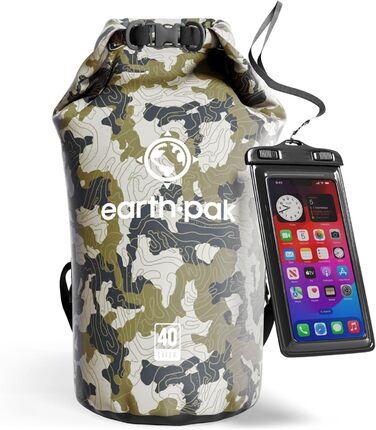 Earth Pak Packsack водонепроникний 40L з плечовим ременем та водонепроникним чохлом для телефону – ідеальний рюкзак-ролтоп для каякінгу, піших прогулянок, кемпінгу, риболовлі, катання на човні та рафтингу (Колір: Оливковий, Камуфляж)