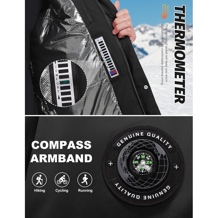 Зимова куртка для чоловіків, водонепроникна, для катання на лижах та сноуборді, тепла, з капюшоном та компасом (Синій, M), Чорний L