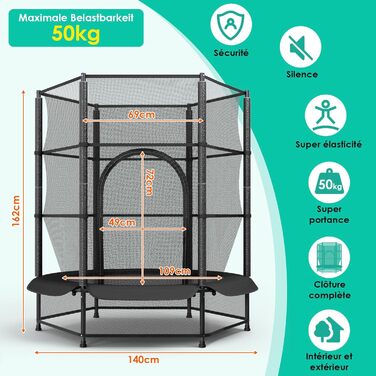 Батут для дітей LIFERUN Ø140 см з сіткою безпеки, для саду та дому, до 50 кг, чорний