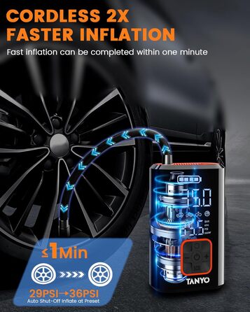 Електричний компресор TANYO 150PSI, акумуляторний насос 12В з цифровим манометром і LED, портативний для авто, мотоцикла, велосипеда, м’ячів