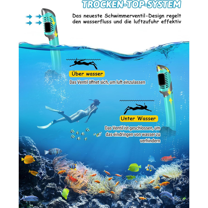 Schnorchel Set для дорослих QcoQce: сухий сноркeль, маска з жорсткого скла, панорамний огляд, антизапар, антивитік