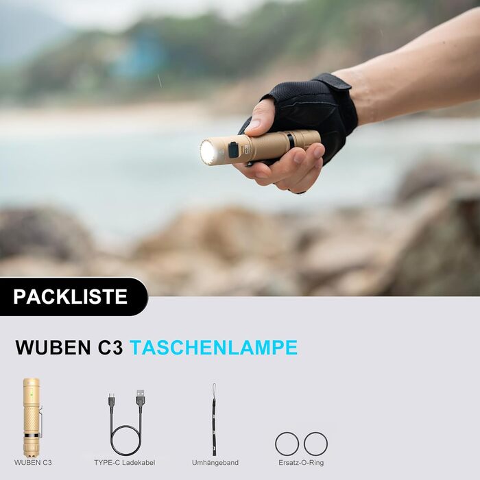 Ліхтарик WUBEN C3 LED: 1200 Люмен, USB-C, IP68, 6 режимів, тактичний, для кемпінгу, тактичний ліхтарик