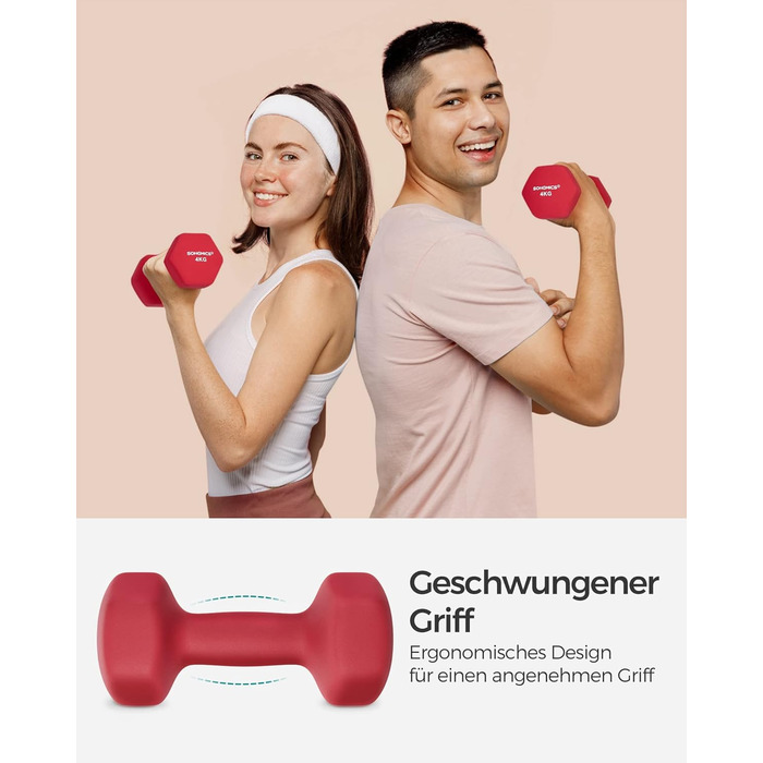 Гантелі SONGMICS 2×4 кг, шестигранні, неопрено́ві, набір для силових тренувань вдома, рубіново-червоні