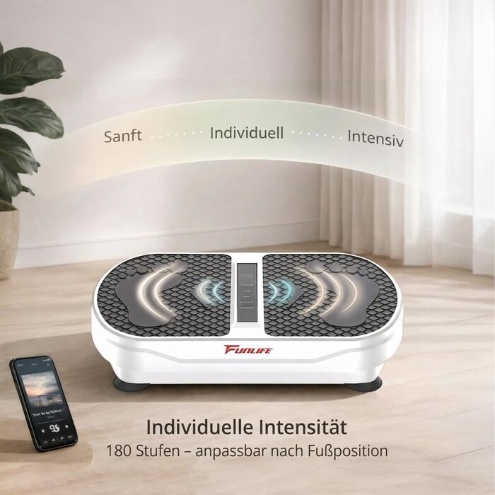 Віброплатформа Funlife 120кг, 180 рівнів, 5 програм, Bluetooth, динаміки + троси для тренувань - для всього тіла, біла