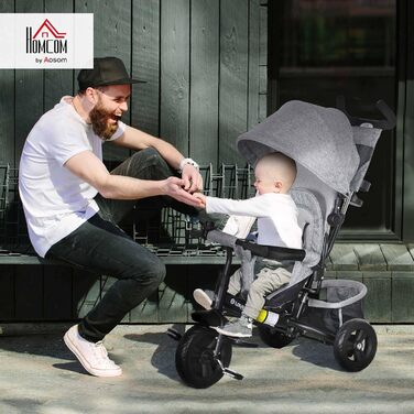 Триколісний велосипед HOMCOM 6-в-1 з батьківською ручкою для дітей 1-5 років (до 25 кг), з реверсом, кошиком, тримачем для пляшки, сонцезахисним дахом (сірий)