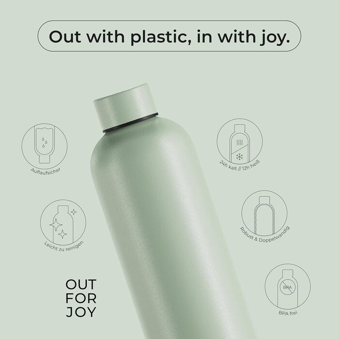 Термос-бутилка OUT FOR JOY 750 мл із нержавіючої сталі, герметична, BPA-free, для газованої води, зберігає тепло 12 годин і холод 24 години, для спорту, школи та активного відпочинку, зелена