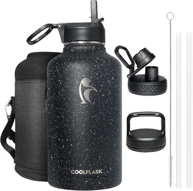 Термос-банка Coolflask 2 л з трубочкою, 3 кришки, вакуумна пляшка з нержавіючої сталі для спорту і подорожей, Starry Black, 2000 мл, чорна