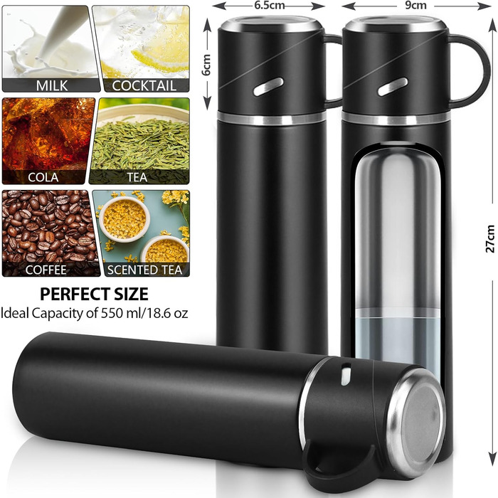 Термос IAGORYUE з нержавіючої сталі, 0.55л, з витокозахисним кришкою та ручкою, двостінний, зберігає тепло/холод до 12 годин, для спорту, офісу, відпочинку на природі, чорний