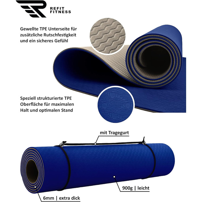 Килимок для йоги Perfect-Fit 190 x 60 x 0,6 см [GeckoGrip & Sensi-Plus TPE] - Нековзний, без шкідливих речовин + ремінь для перенесення - Спортивний килимок для гімнастики, фітнесу. Виберіть колір: блакитний, бежевий