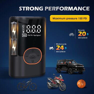 Електричний насос Vicihoho 150PSI для авто, велосипедів, мотоциклів, USB, павербанк, ліхтарик, акумуляторний компресор для шин, м'ячів