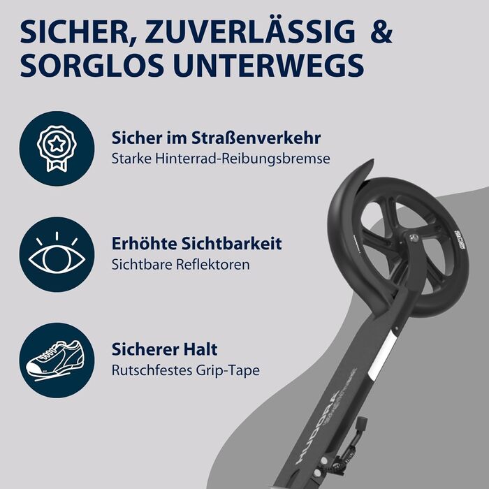 HUDORA BigWheel Pure Scooter: сталевий самокат з регулюванням висоти та складанням, до 100 кг, для підлітків та дорослих (чорний)