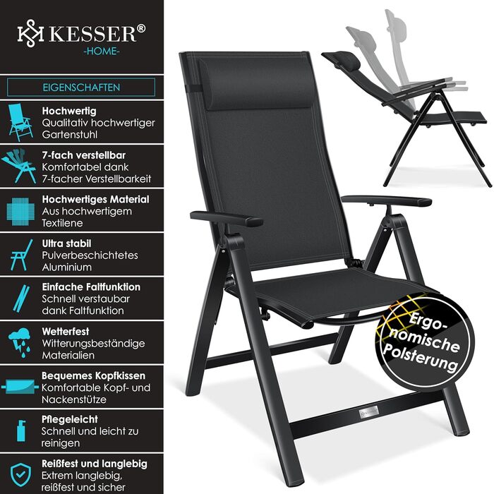 Крісло садове KESSER® з високою спинкою та підлокітниками, алюмінієве, складне, з подушкою та чохлом, для кемпінгу, регульована спинка, дихаючий матеріал, вологостійке, чорне, 1 шт.