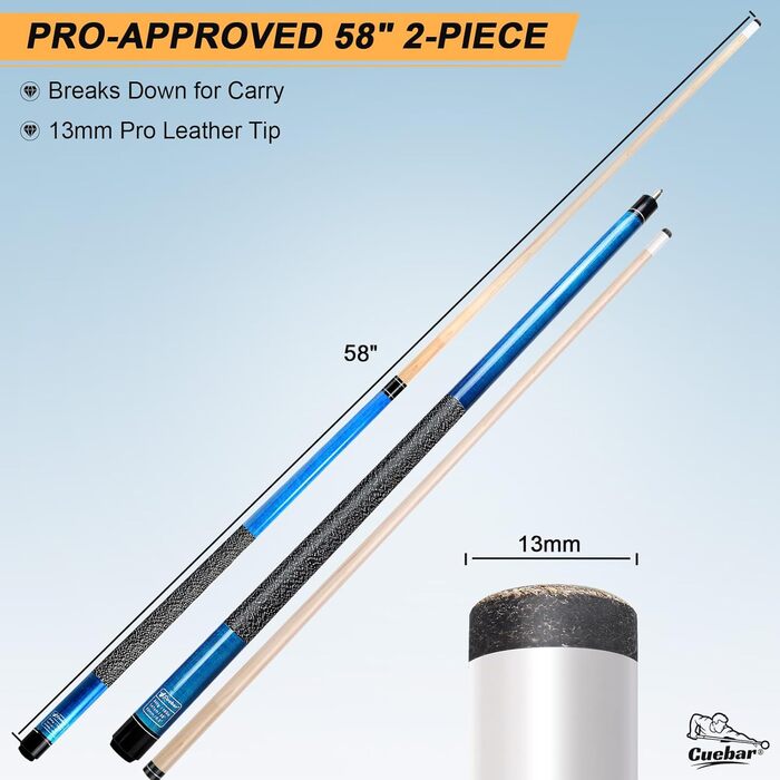 Більярдний кий CUEBAR, 147,3 см, 2-секційний з горіха, з наконечником 13 мм та льоновим грифом, для дому, для дорослих, 8 кольорів, 4 варіанти ваги (510 г, 538 г, 567 г, 595 г), колір: зелений (540 г) (синій)