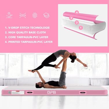 Гімнастичний надувний мат для перекидання BPB з електричним насосом. 10 футів. Килимок для тренувань, гімнастики, йоги, пляжного відпочинку. Рожевий.