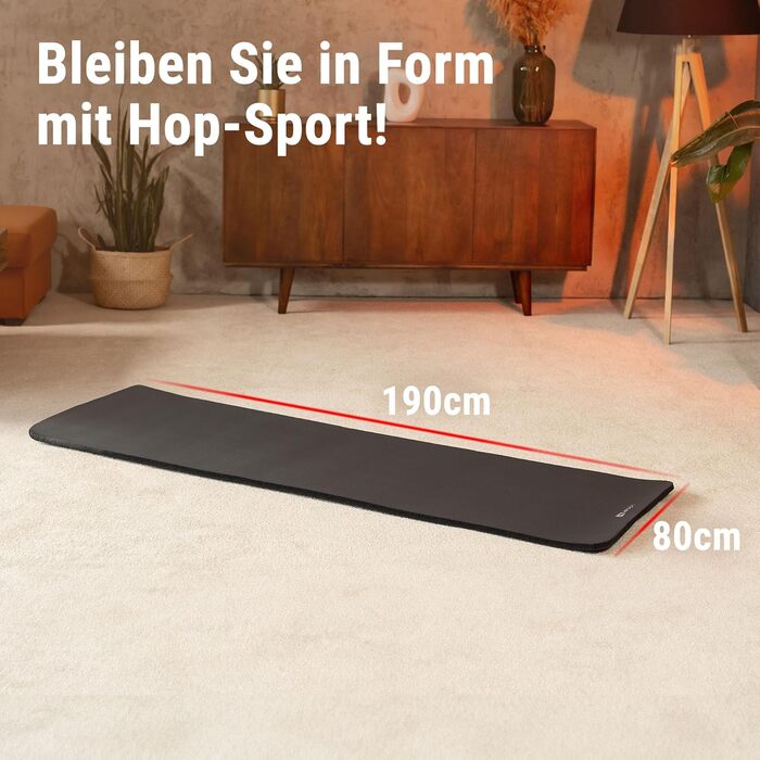 Hop-Sport килимок для гімнастики 190 x 80 x 1,5 см, фітнес-килимок - захист суглобів & протиковзкий, з NBR-піни + ремінь для перенесення, чорний