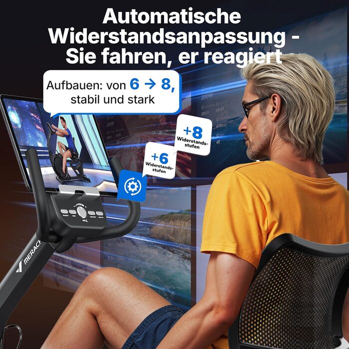 Велотренажер MERACH Liegeergometer для дому з 8 рівнями регулювання опору, легкий комерційний велотренажер з Bluetooth, LCD-дисплеєм та датчиками пульсу (Чорний, автоматичне регулювання опору)