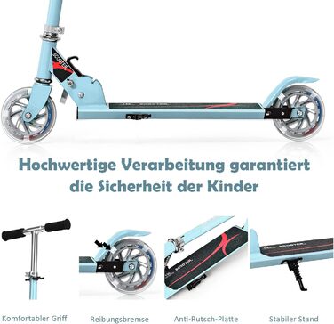 Дитячий ролер GOPLUS Roller Kinder 4, ролер для дітей 4 роки, з LED-підсвіткою, гальмом та підніжкою, регульована висота, алюмінієвий, складний, до 70 кг, блакитний