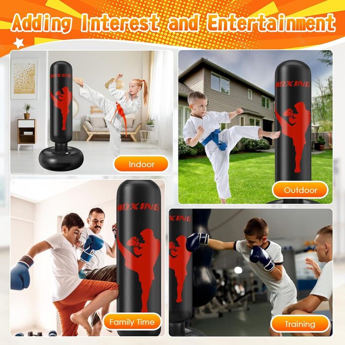 Боксерський мішок дитячий Ninonly 160 см з рукавичками та насосом - стійкий боксерський мішок для дому, вулиці, спортзалу для хлопчиків та дівчаток (чорний)