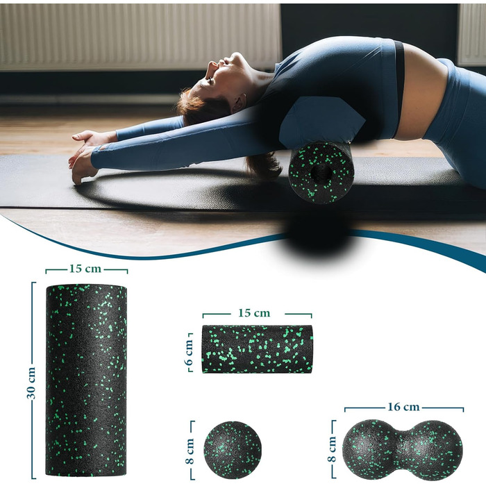 Набір для міофасціального релаксу: Foam Roller, м'ячик для фасції, міні-ролик, дуобол для йоги та масажу м'язів (Синій/Зелений)