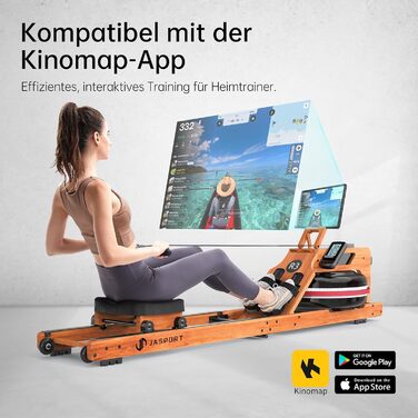 Гребний тренажер JASPORT R3 з дуба, Bluetooth LCD-дисплей, сумісний з Kinomap, 28 л, до 150 кг, ергономічне сидіння, регульований тримач для планшета