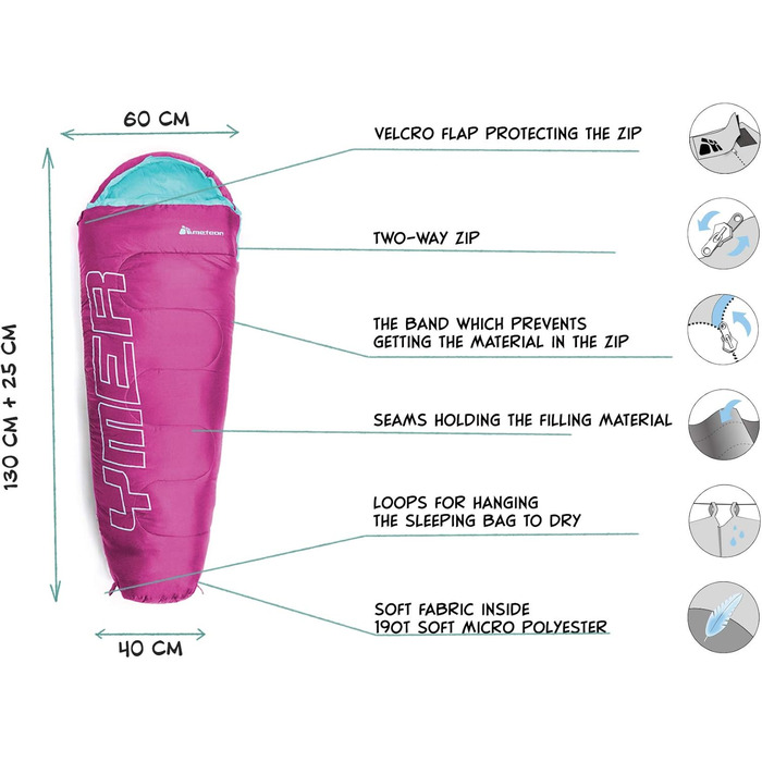 Дитячий спальний мішок Meteor Premium для кемпінгу та відпочинку на природі. Легкий, ультралегкий, підходить для літа, весни та осені. Кольори: темно-зелений/зелений, фуксія/м'ята.