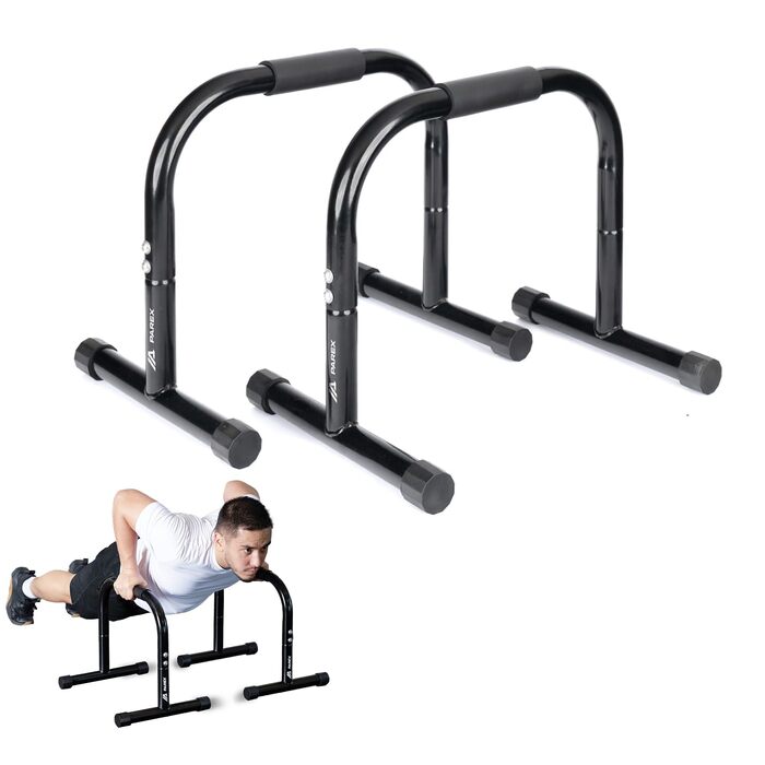 Паралелетки Parex сталеві, для зняття навантаження на суглоби та з неслизьким покриттям, обладнання для калістеніки для використання в приміщенні та на вулиці, бруси для віджимань, ідеально підходять для стійки на руках та віджимань, чорний, розмір Large