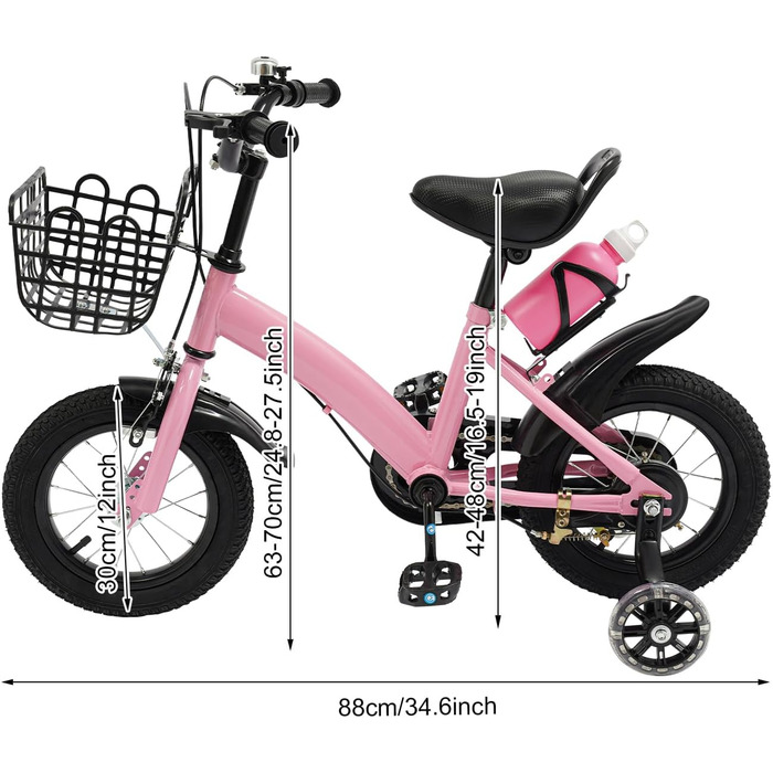 Дитяче велосипед 12 дюймів з регульованою висотою сідла, для дітей 2-5 років. Тренувальний велосипед з додатковими колесами, кошиком та пляшкою. Підходить для дівчаток та хлопчиків (Рожевий)
