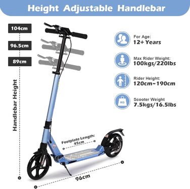 Дитячий та дорослий електросамокат-тріскач (кікскоутер) з подвійною амортизацією, гальмами та ременем для перенесення (блакитний)