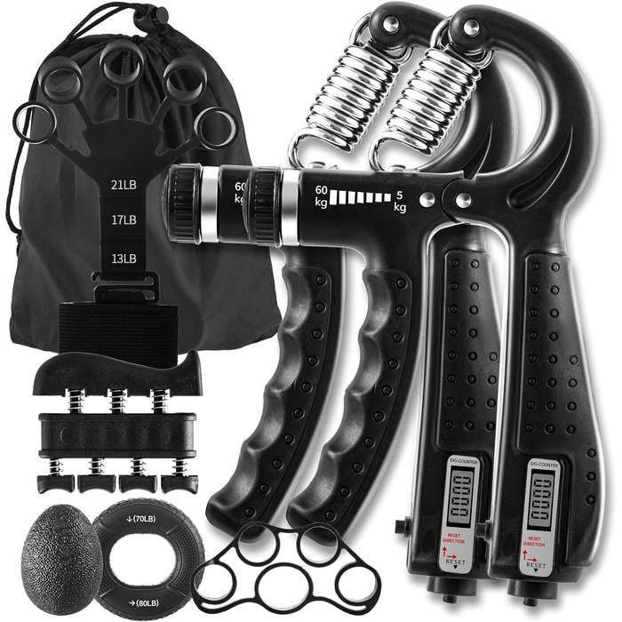 Набір для тренування сили хвата (7 шт.): регульовані тренажери зап'ястя, сумка для зберігання, розтягувач пальців, тренажер зап'ястя, кільце для тренувань та куля для зняття стресу