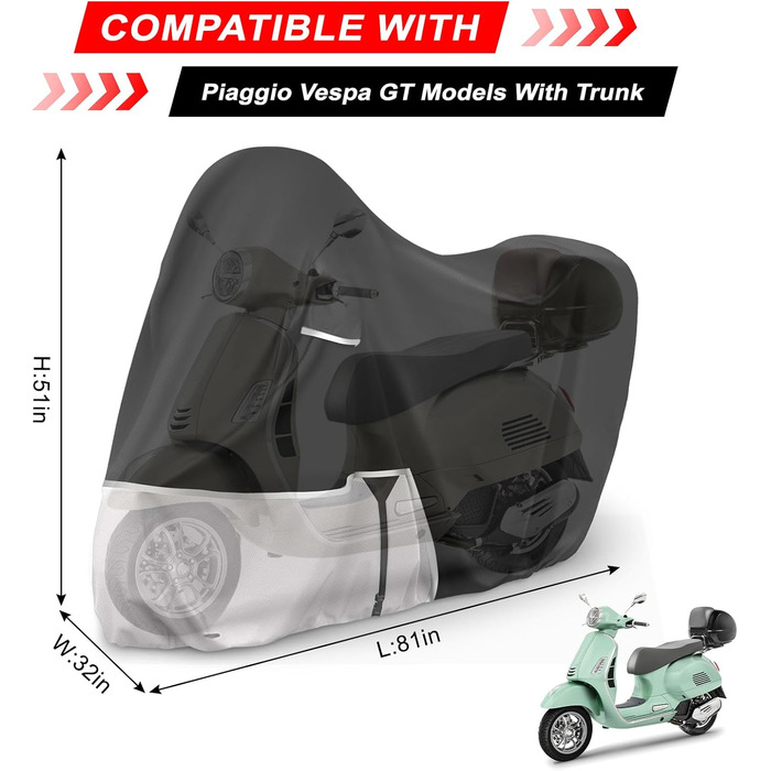 Водонепроникний чохол для мотоцикла Piaggio Vespa GTV GTS GT60/125/200/250/300 (з багажником), 420D Oxford, для зберігання на вулиці