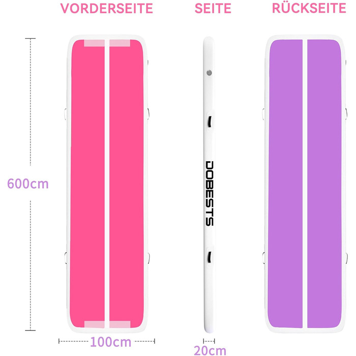 DOBESTS Airtrack Matte - Килимок для гімнастики та фітнесу, 600x100x20 см, рожевий та фіолетовий