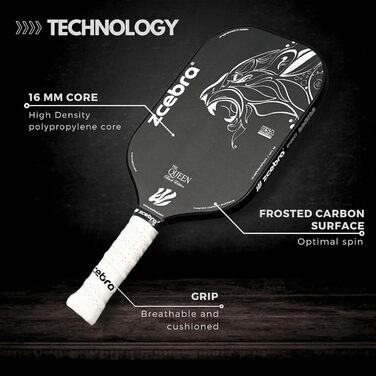 Zcebra Pickleball The Queen — падельна ракетка з чистого карбону T700, 16 мм, термоформована, сертифікована для Pickleball у США, чорна