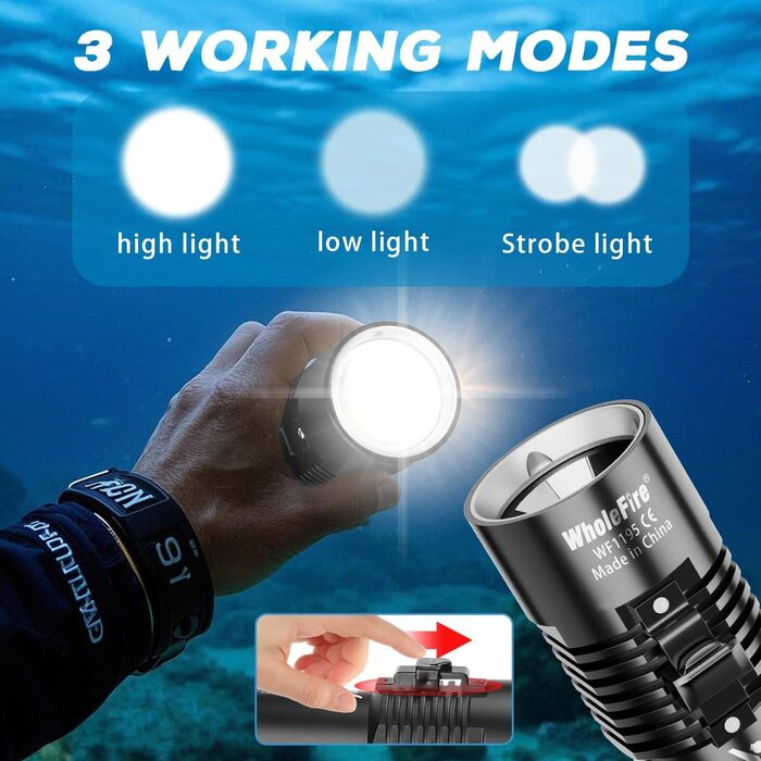 Ліхтар під водою WholeFire 8000 Lumen, IPX8, водонепроникний, 3 режими, акумуляторний, для плавання та дайвінгу