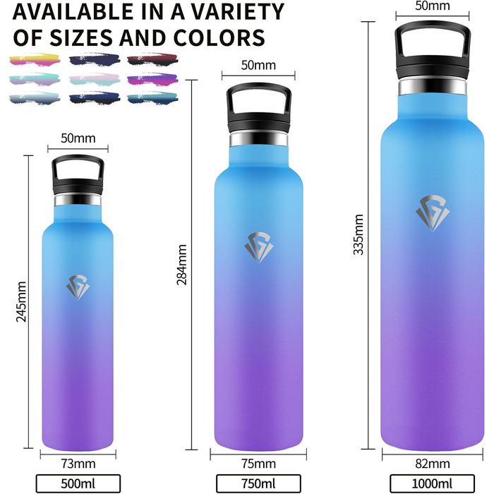 Термос-пляшка Grsta, 1 літр, нержавіюча сталь, з трубочкою, без BPA, не протікає, для холодних та гарячих напоїв, підходить для газованих напоїв, для фітнесу, кемпінгу, походів, блакитно-фіолетовий, 1000 мл