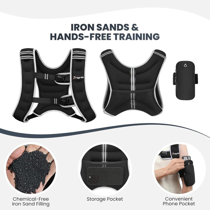 Утяжелитель Fragraim (6/8/10/12/16 кг) для жінок та чоловіків: жилет для фітнесу, бігу, тренувань, з кишенею для телефону, світловідбиваючими елементами, чорний