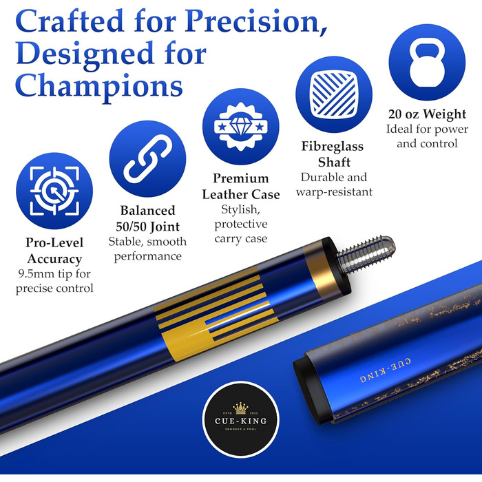 Cue-King Premier Pool-Queue: професійний більярдний кий, 147.3 см, 567 г, з преміум-наконечником 10.5 мм, синього кольору, з чохлом Pro-Leder