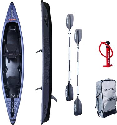 Надувний каяк CARPTOUR C5 Drop Stitch з веслом і 2 сидіннями, сіра сумка, насос, для риболовлі та туризму