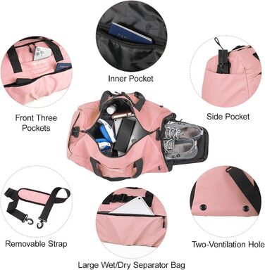 Спортивна сумка для жінок та чоловіків, жорсткий матеріал, дорожня сумка з відділенням для взуття, 2 вентиляційних отвори та мокре відділення, водонепроникна сумка-вікендер, спортивна/плавальна/сауна сумка (Зелений) (Рожевий)
