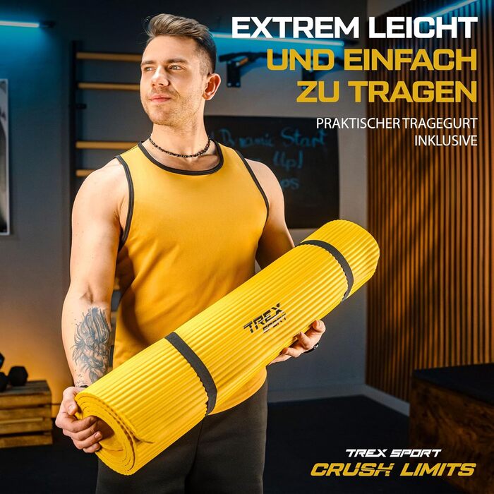 TREX SPORT Килимок для гімнастики та фітнесу, 190x80x1 см, жовтий | Килимок для йоги з неслизьким покриттям та ручкою для перенесення