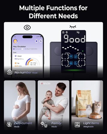 Ваги Ovutek для людей, цифрові ваги з аналізом складу тіла, 180 кг, дисплей, BMI, жир, м'язи, вода, 14 показників, фітнес-додаток, чорний