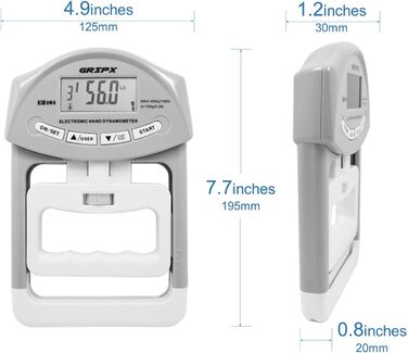 Цифровий динамометр GRIPX для вимірювання сили хвата, автоматичний, 90 кг / 198 lbs (сірий)