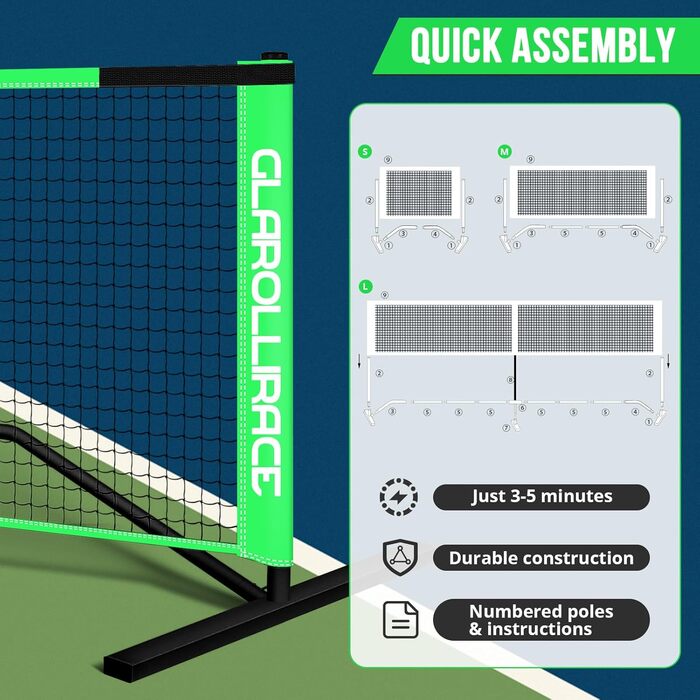 Набір для гри в піклбол 3-в-1 портативний, розмір 22x10x4 фути, сітка PE + металевий каркас, для будь-якої погоди та вітру, внутрішнє та зовнішнє використання, флуоресцентний зелений