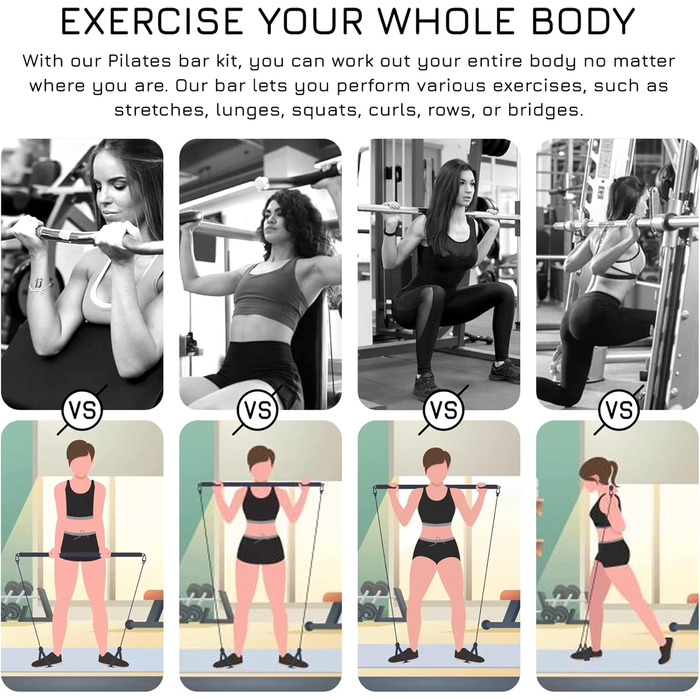 Пілатес Бар для фітнесу Breaking Limits - набір зі стійкою та 6 гумками для дому. Сталь, піна, чорний ремінь