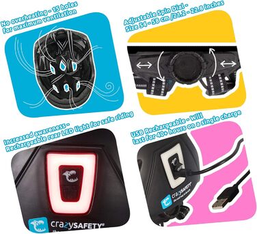 Дитячий велосипедний шолом Crazy Safety з USB-ліхтарем, регульований, для дітей 6-12 років, для велосипеда, скейтборду, роликів, розмір 54-58 см, синьо-білий
