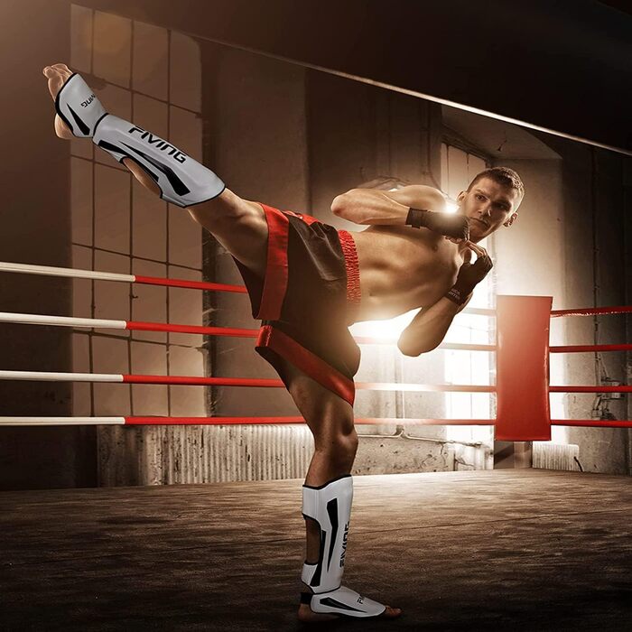 Шини для ніг FIVING MMA з захистом зап'ястя, регульовані, з підкладкою, для Муай Тай, Кікбоксингу та MMA, білі, XL