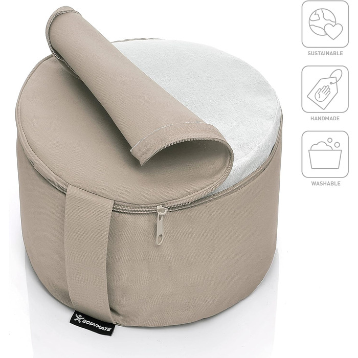 Йога-подушка BODYMATE кругла 31 см, 20 см висота, з наповнювачем з лушпиння гречки, чохол з 100% бавовни, знімний, для медитації та сидіння